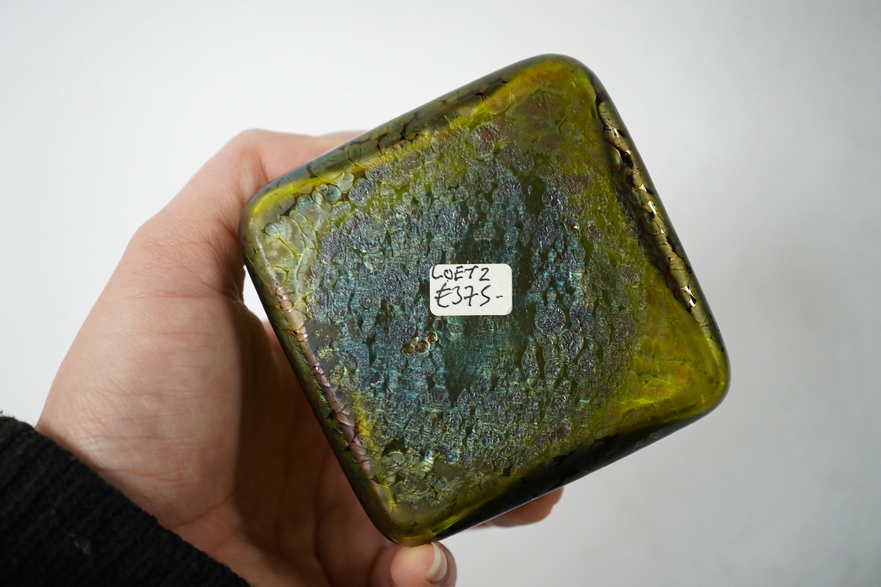 A Loetz glass and brass lidded box, 9.5cm wide. Condition - lid detached